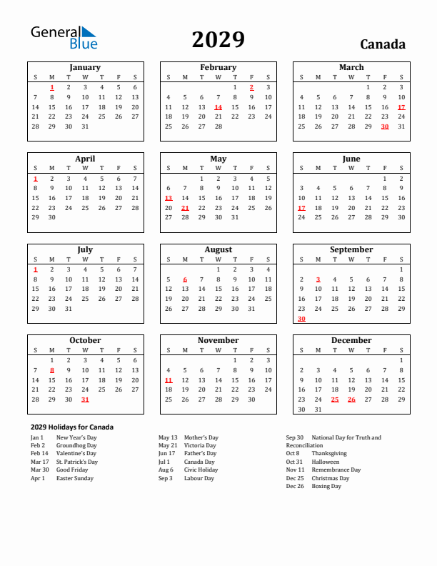 2029 Canada Holiday Calendar - Sunday Start