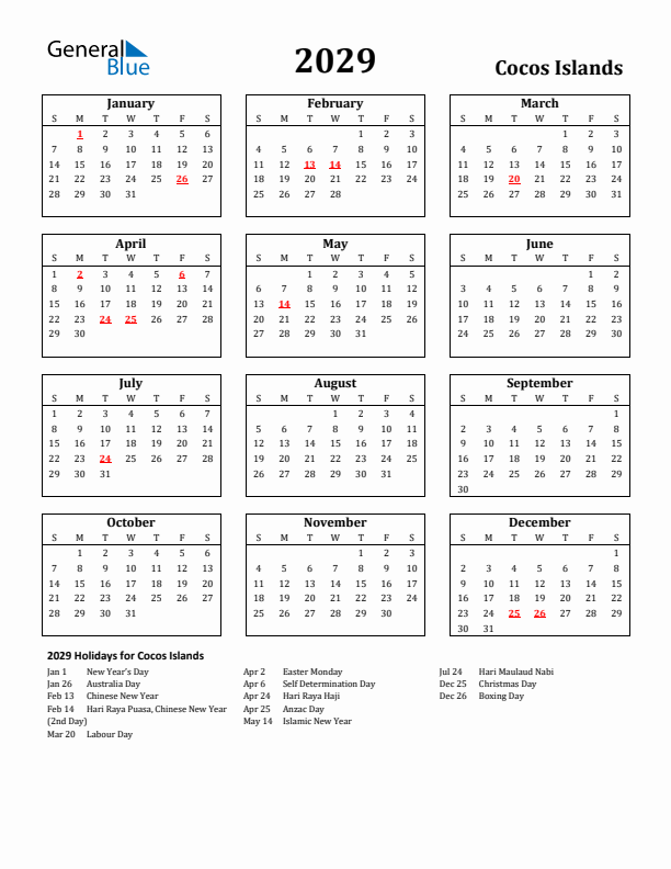 2029 Cocos Islands Holiday Calendar - Sunday Start
