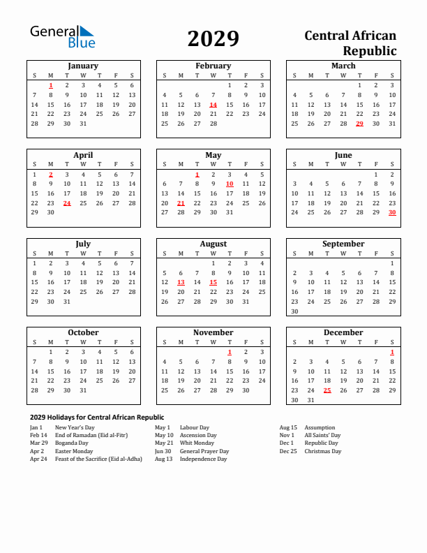 2029 Central African Republic Holiday Calendar - Sunday Start