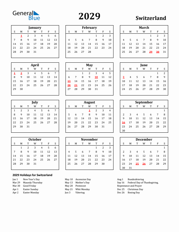 2029 Switzerland Holiday Calendar - Sunday Start
