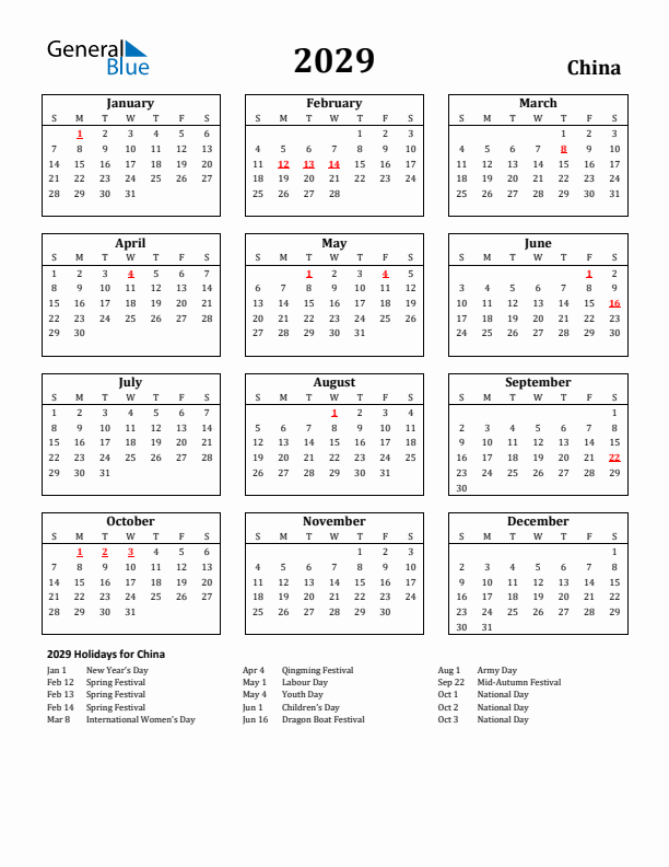 2029 China Holiday Calendar - Sunday Start
