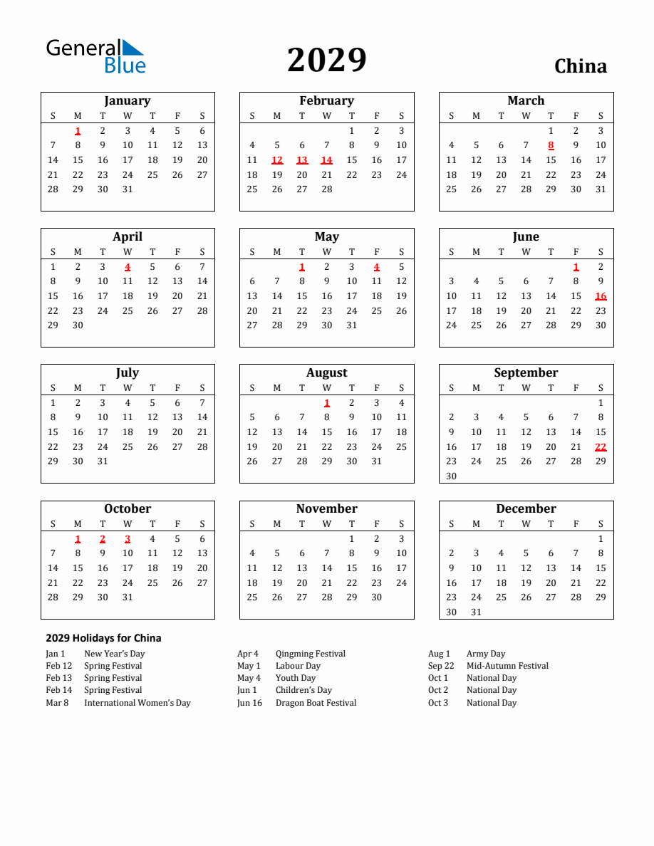 Free Printable 2029 China Holiday Calendar