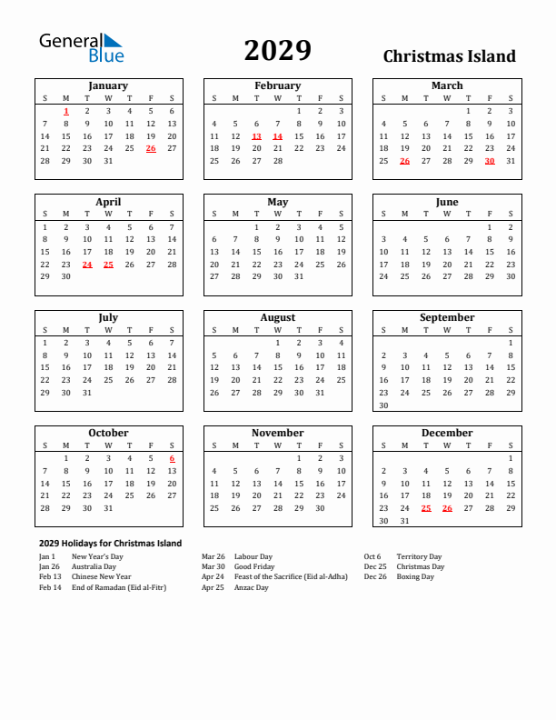 2029 Christmas Island Holiday Calendar - Sunday Start