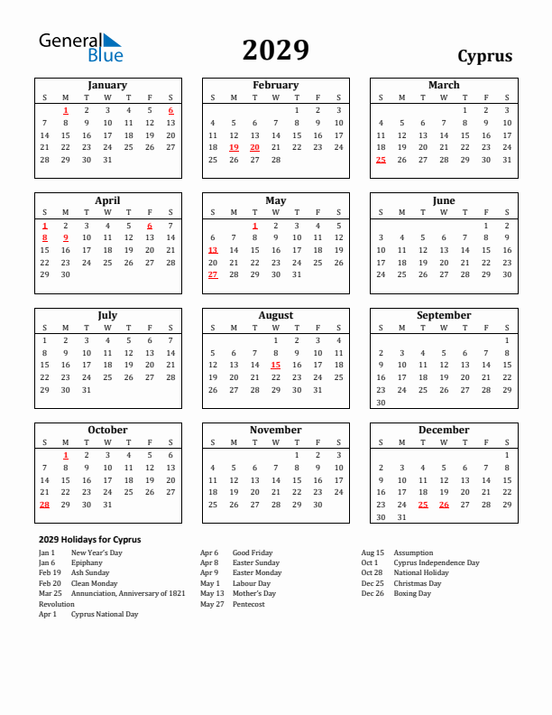 2029 Cyprus Holiday Calendar - Sunday Start