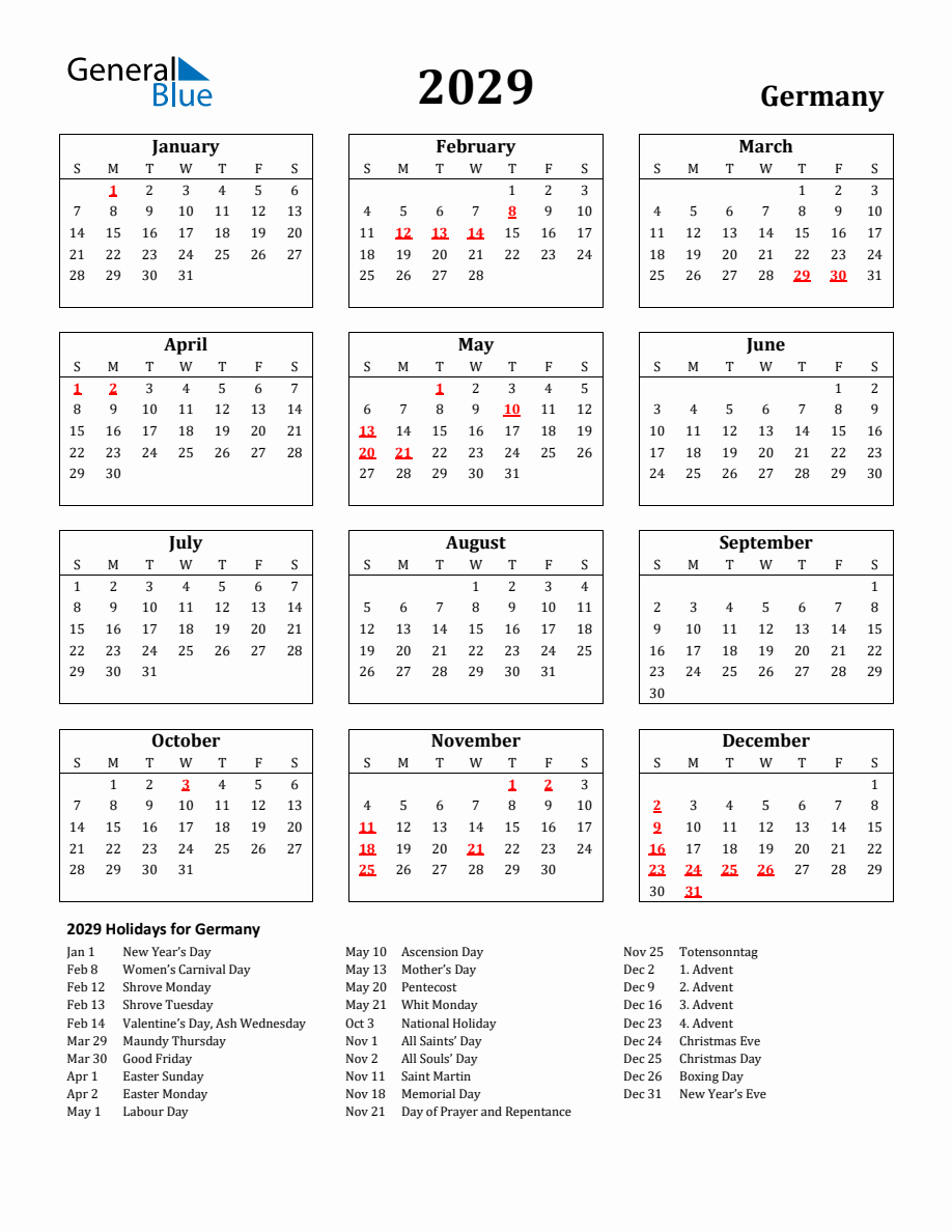 Free Printable 2029 Germany Holiday Calendar