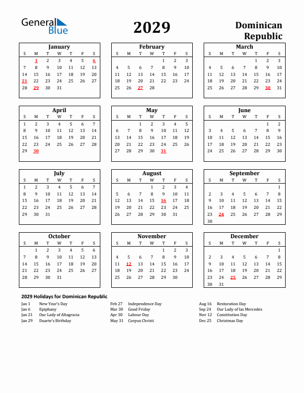 2029 Dominican Republic Holiday Calendar - Sunday Start