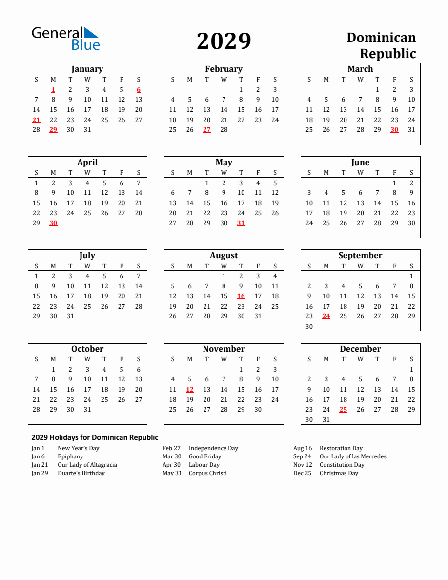 Free Printable 2029 Dominican Republic Holiday Calendar