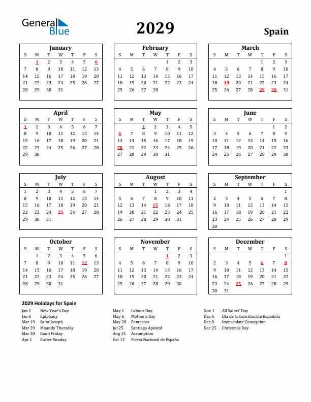 2029 Spain Holiday Calendar - Sunday Start