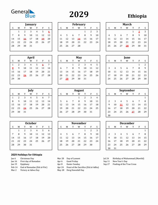 2029 Ethiopia Holiday Calendar - Sunday Start
