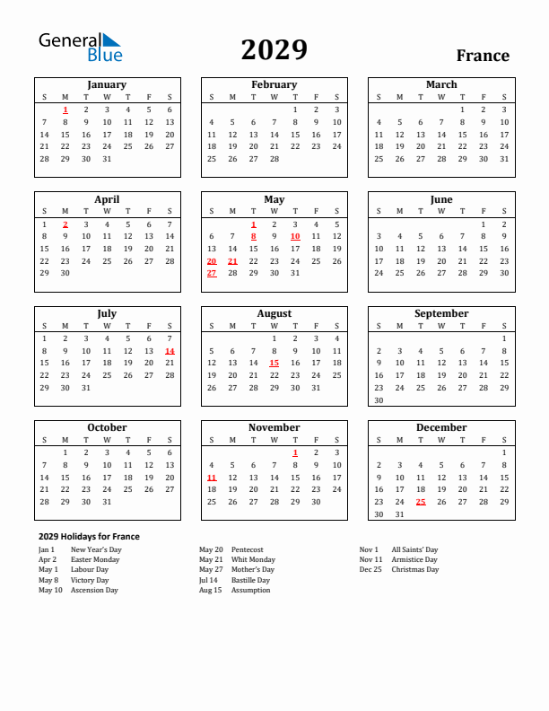 2029 France Holiday Calendar - Sunday Start