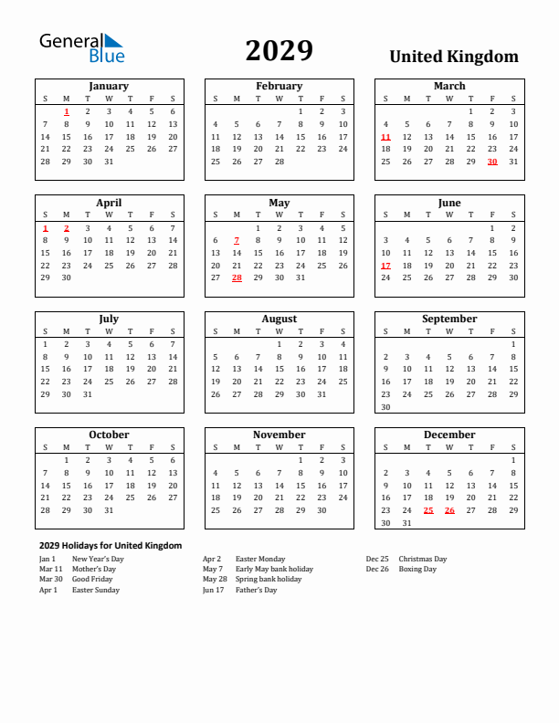 2029 United Kingdom Holiday Calendar - Sunday Start