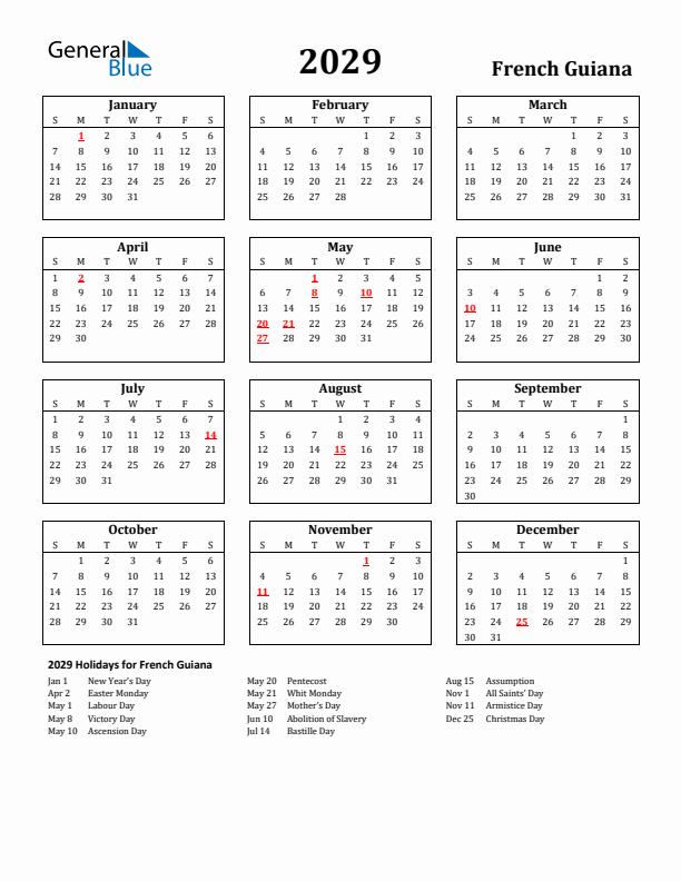 2029 French Guiana Holiday Calendar - Sunday Start
