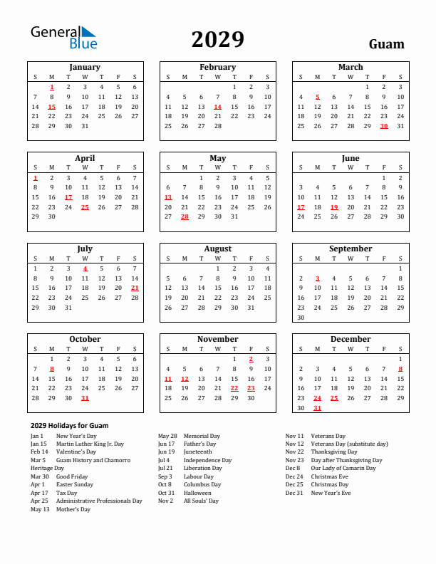 2029 Guam Holiday Calendar - Sunday Start