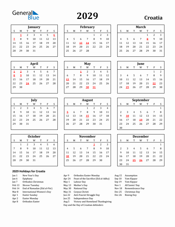 2029 Croatia Holiday Calendar - Sunday Start
