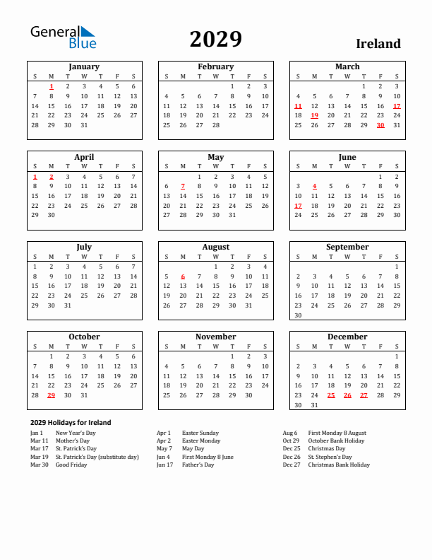 2029 Ireland Holiday Calendar - Sunday Start