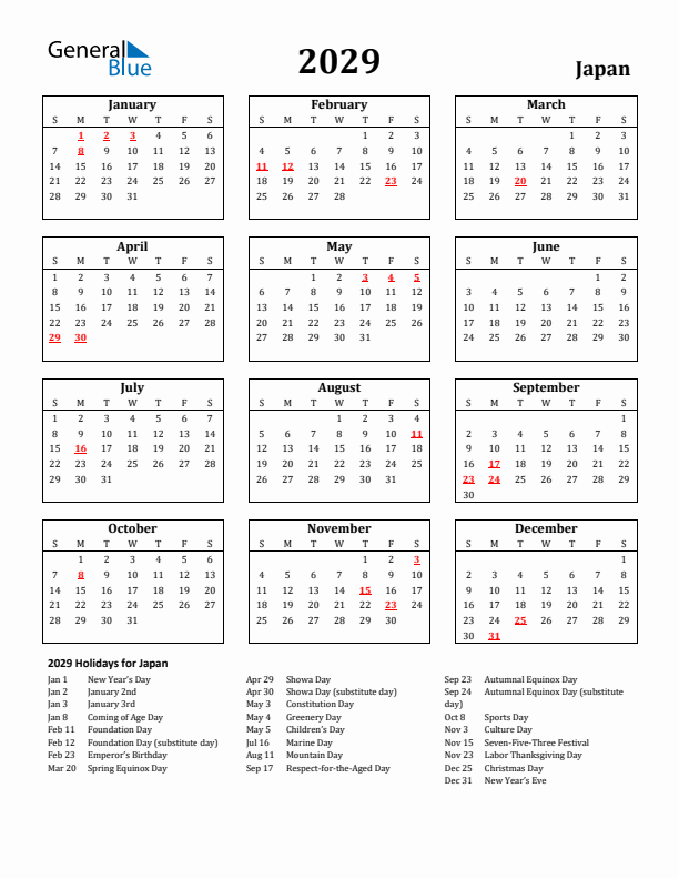 2029 Japan Holiday Calendar - Sunday Start