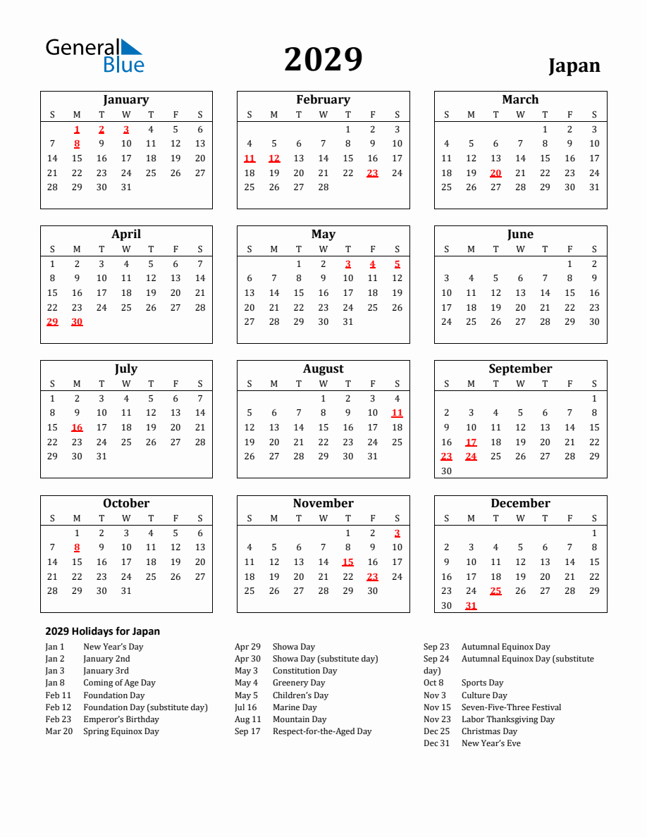 Free Printable 2029 Japan Holiday Calendar