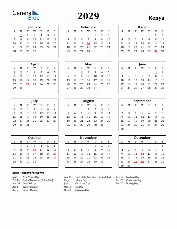 2029 Kenya Holiday Calendar - Sunday Start