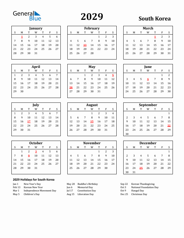 2029 South Korea Holiday Calendar - Sunday Start