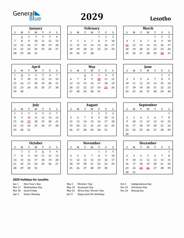 2029 Lesotho Holiday Calendar - Sunday Start