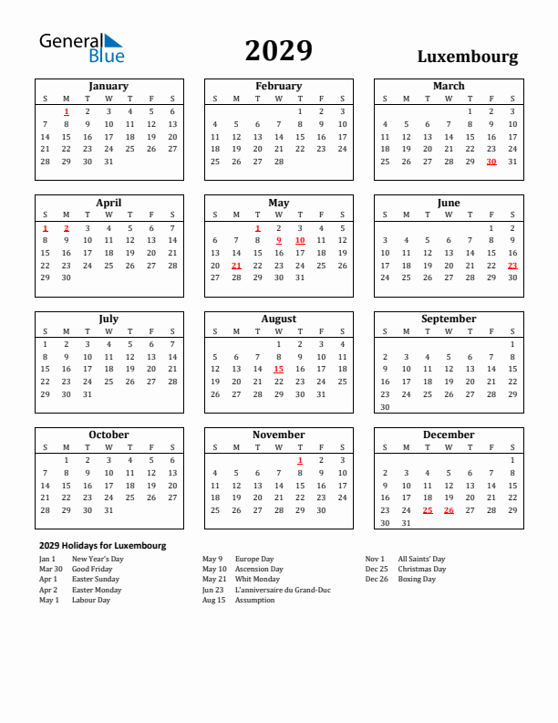 2029 Luxembourg Holiday Calendar - Sunday Start