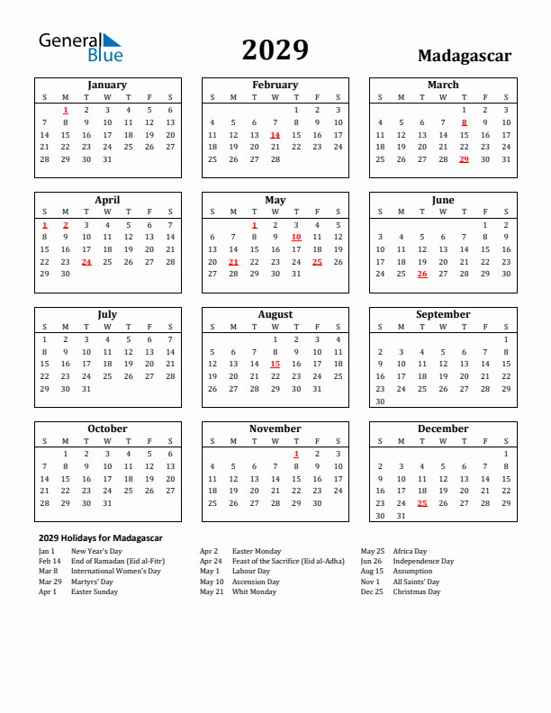 2029 Madagascar Holiday Calendar - Sunday Start