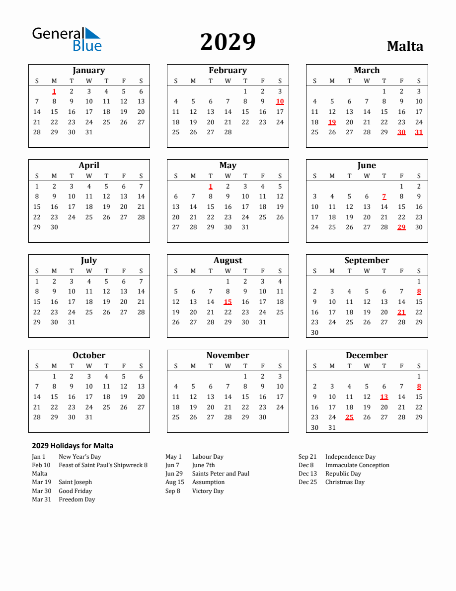 Free Printable 2029 Malta Holiday Calendar