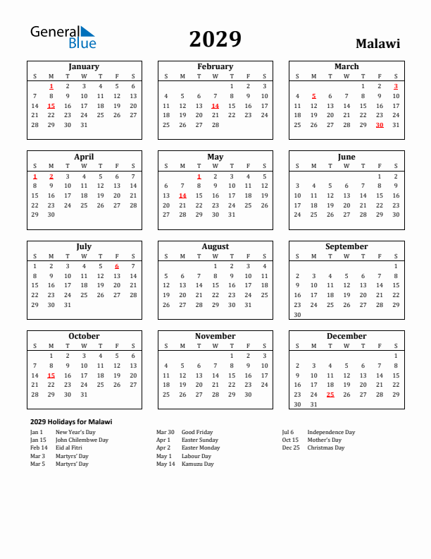 2029 Malawi Holiday Calendar - Sunday Start