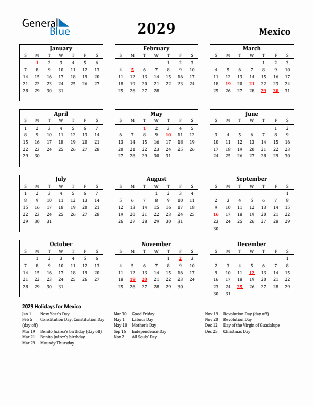 2029 Mexico Holiday Calendar - Sunday Start