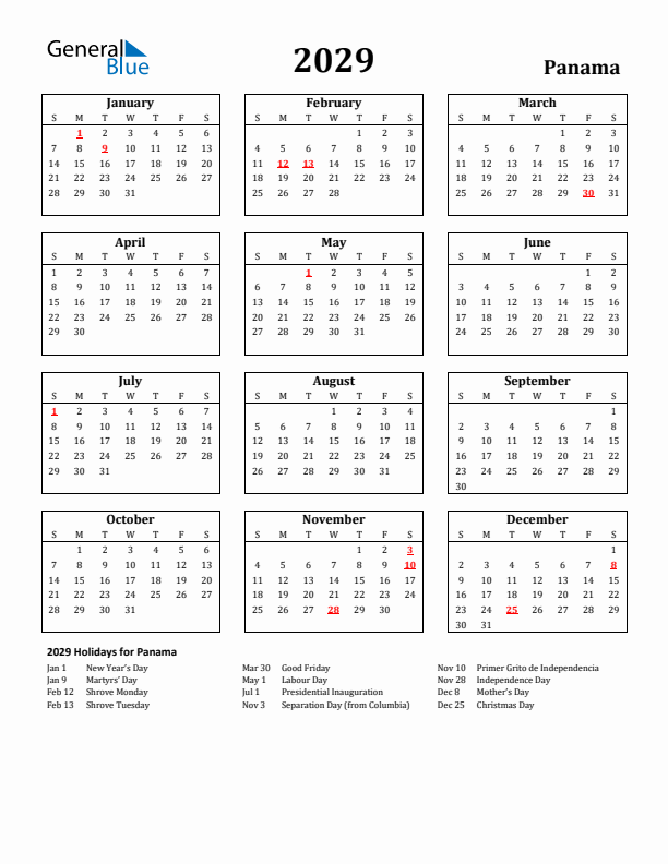 2029 Panama Holiday Calendar - Sunday Start