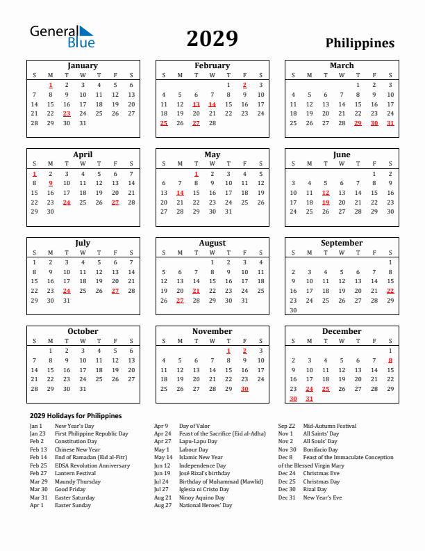2029 Philippines Holiday Calendar - Sunday Start