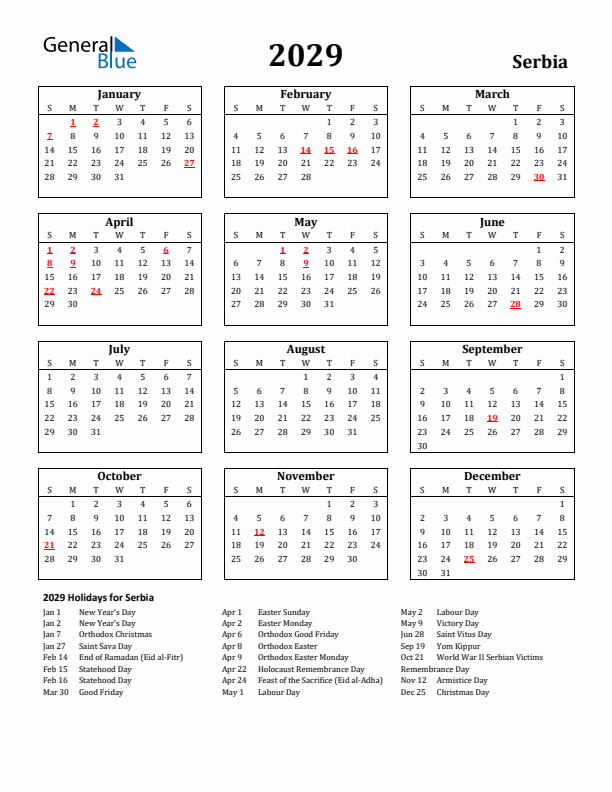 2029 Serbia Holiday Calendar - Sunday Start