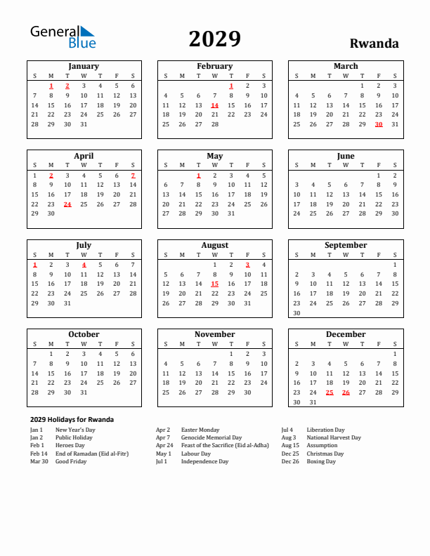 2029 Rwanda Holiday Calendar - Sunday Start