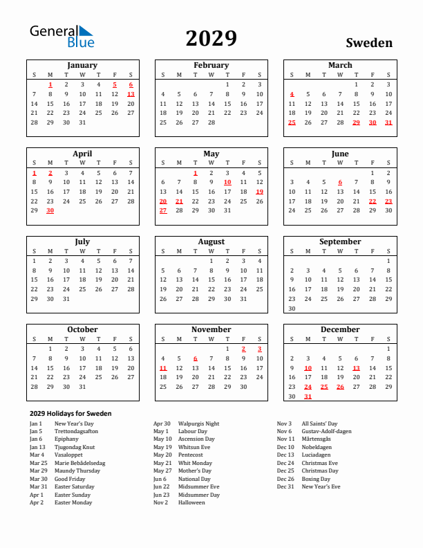 2029 Sweden Holiday Calendar - Sunday Start
