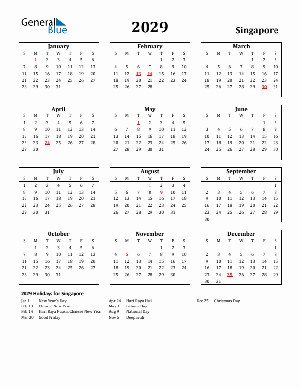 2029 Singapore Holiday Calendar - Sunday Start