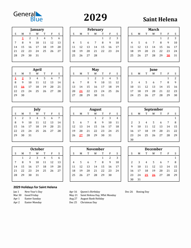 2029 Saint Helena Holiday Calendar - Sunday Start