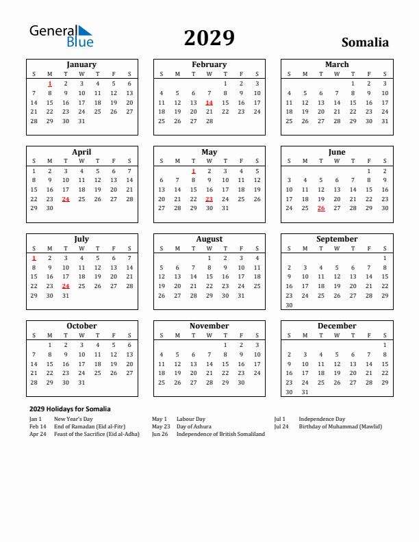 2029 Somalia Holiday Calendar - Sunday Start