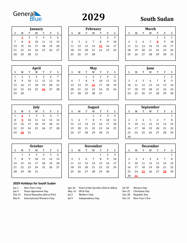 2029 South Sudan Holiday Calendar - Sunday Start