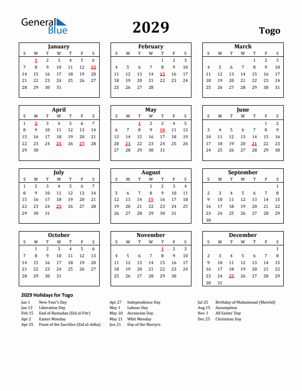 2029 Togo Holiday Calendar - Sunday Start