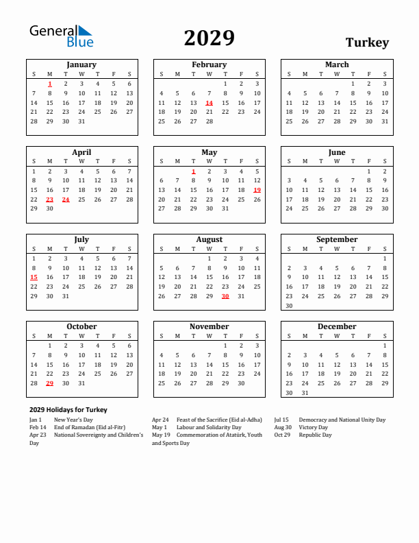 2029 Turkey Holiday Calendar - Sunday Start