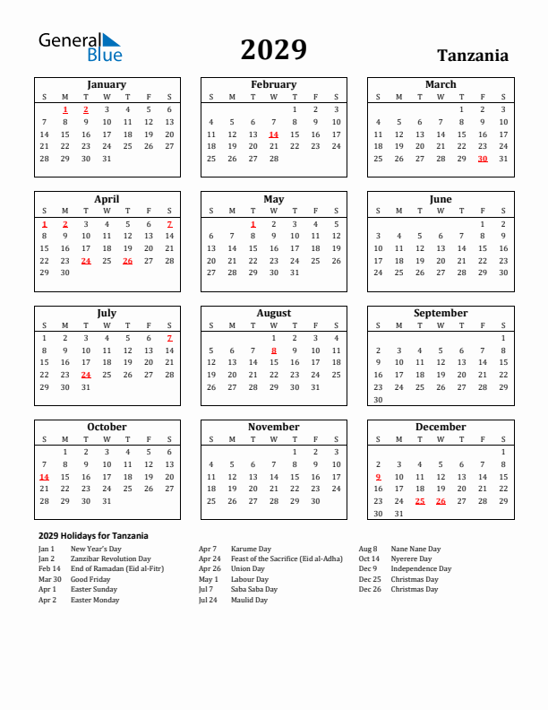 2029 Tanzania Holiday Calendar - Sunday Start