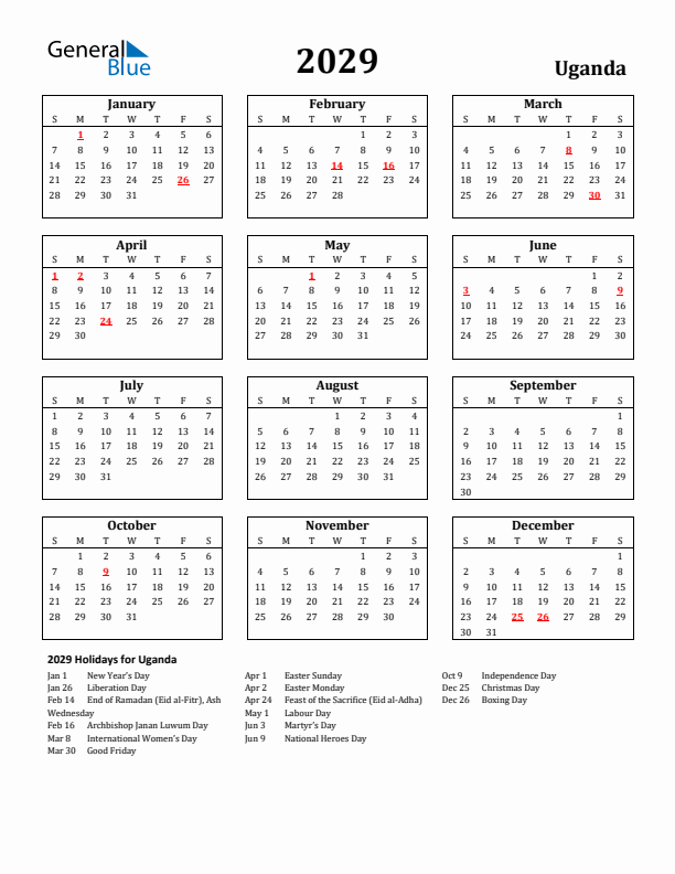 2029 Uganda Holiday Calendar - Sunday Start