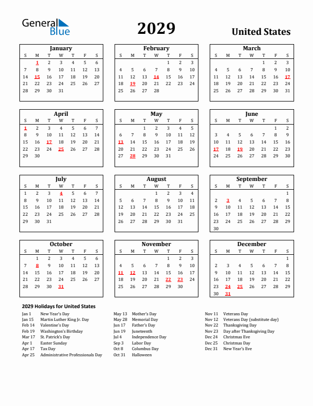 2029 United States Holiday Calendar - Sunday Start