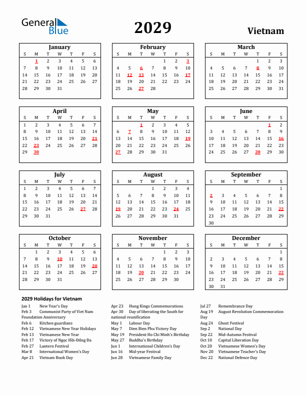 2029 Vietnam Holiday Calendar - Sunday Start