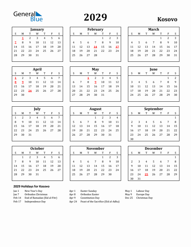 2029 Kosovo Holiday Calendar - Sunday Start