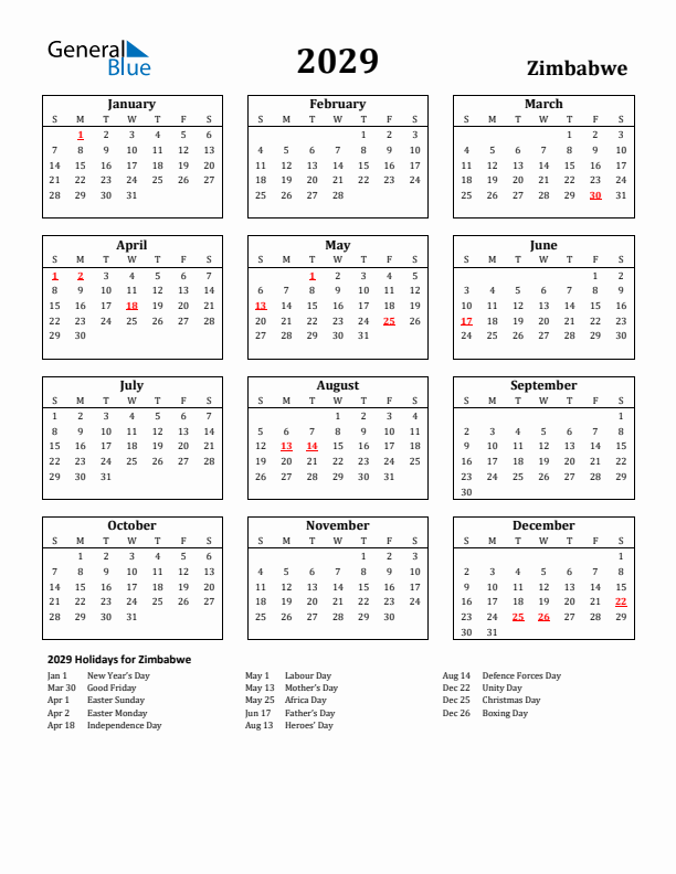2029 Zimbabwe Holiday Calendar - Sunday Start