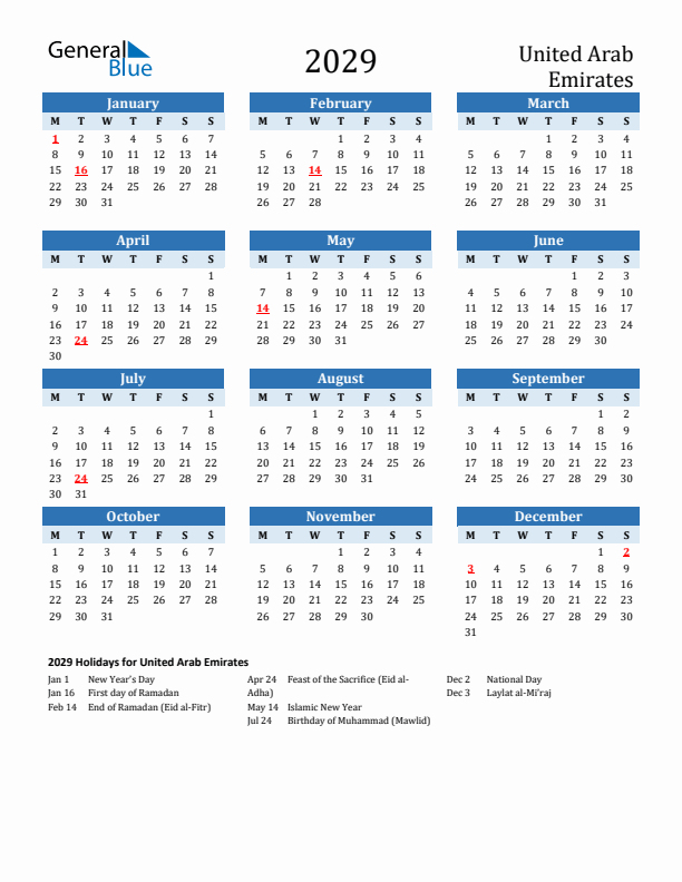 Printable Calendar 2029 with United Arab Emirates Holidays (Monday Start)