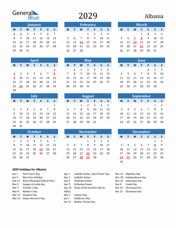Printable Calendar 2029 with Albania Holidays (Monday Start)