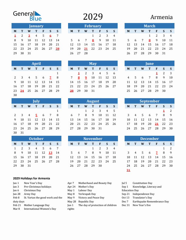 Printable Calendar 2029 with Armenia Holidays (Monday Start)