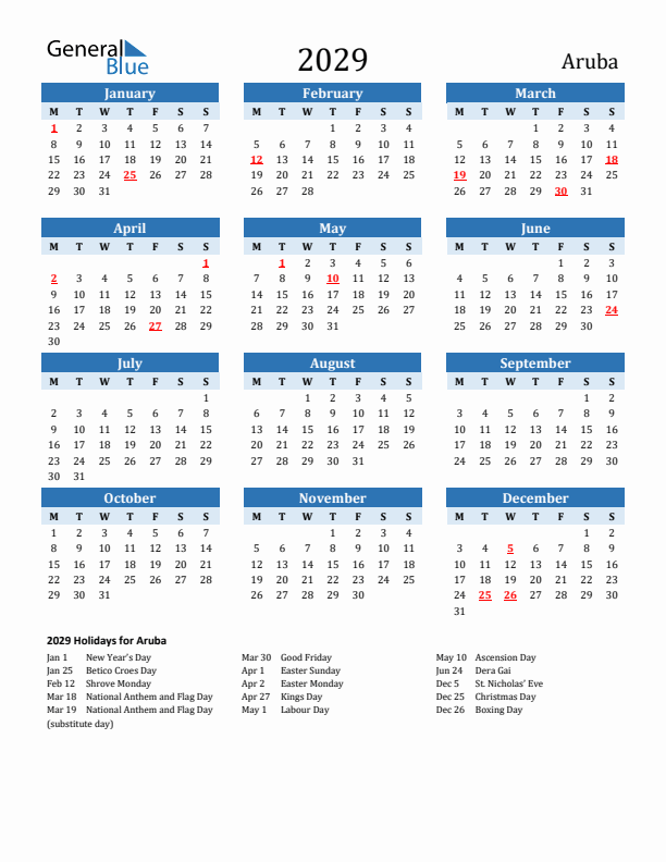 Printable Calendar 2029 with Aruba Holidays (Monday Start)